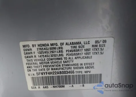 2010 Honda Pilot Lx z USA, uszkodzony, nr VIN 5FNYF4H22AB003466